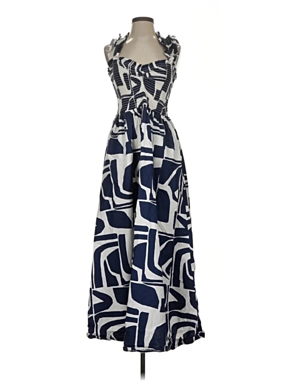 LOFT Navy and White Abstract Print Midi Dress —